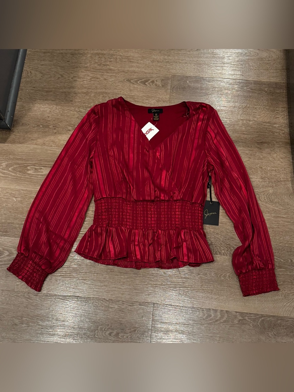 Japna Red Striped V-Neck Smocked Peplum Blouse